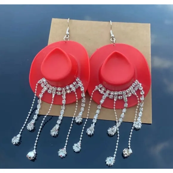 Red Cowboy Hat with Rhinestone Dangles Earrings - Picture 4 of 5